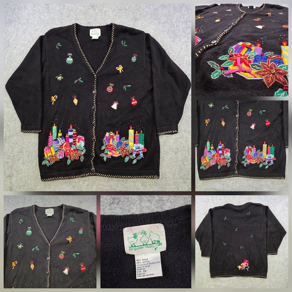 The Quacker Factory Sweater Womens 1X Black Christmas Beaded Ugly Cardigan Knit‎